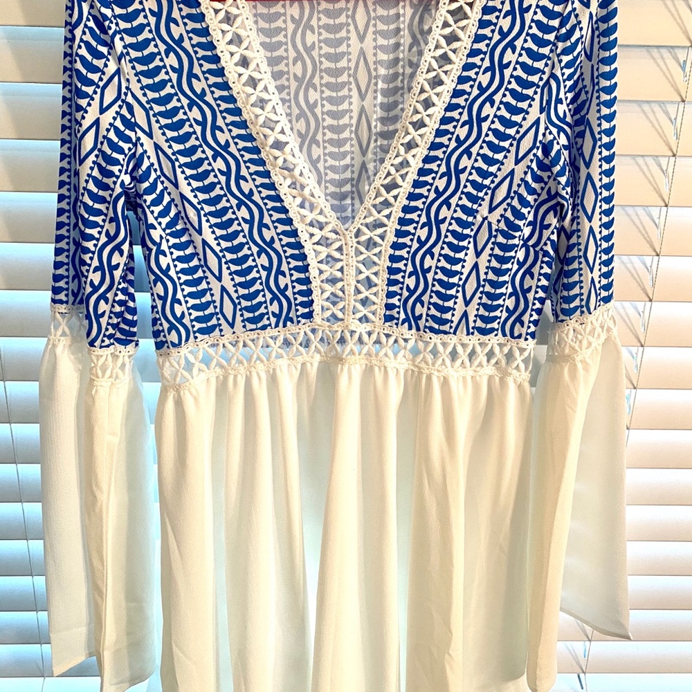 Blue and white bell sleeve dress
